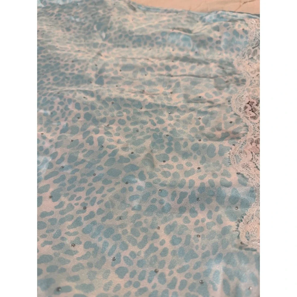 Victorias Secret Blue Leopard Satin Lace Trim Slip Dress Med Rhinestone Nighty